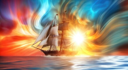 Columbus Day Celebration with Mystical Sailing Ship Against Vibrant Swirls of Color - Perfect Design for Posters and Cards