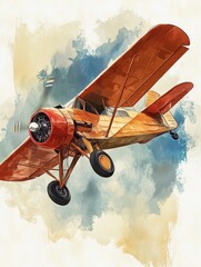 Vintage Airplane Soaring Through Watercolor Clouds