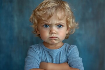 Naklejka premium Angry little boy standing with his arms crossed. 