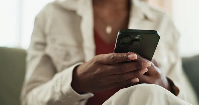 Hands, typing and cellphone for woman on sofa, texting and online playing or communication. Technology, internet or app for games in waiting room, entertainment or download for female person on couch