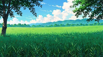 landscape with blue sky and grass, anime background