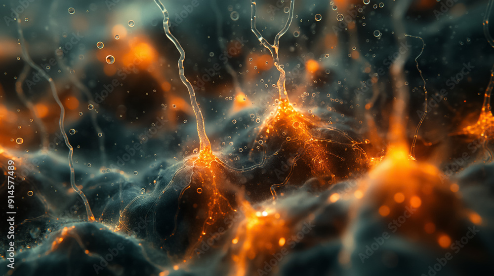 Poster closeup view of neurons and synapses in the brain, exploring complex biological interactions