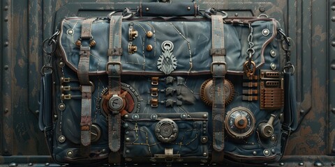Steampunk leather bag with intricate details.