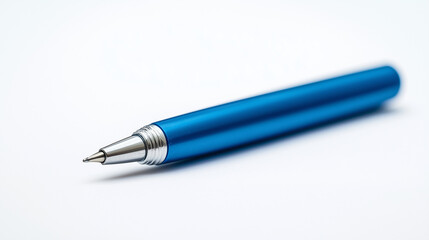 Photo of a blue pen on a white background, highlighting its sleek and simple design.

