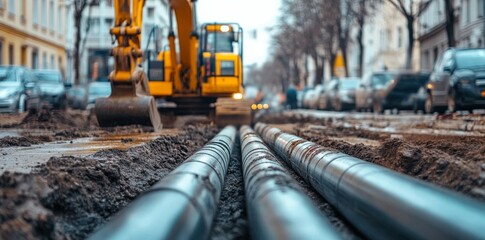 Construction site, focus on pipe laying in the street, yellow excavator in the background.