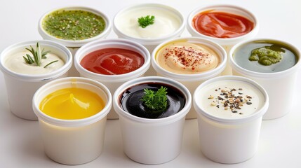 A variety of sauces in white containers, displaying different flavors and colors, ideal for culinary presentations and food photography.