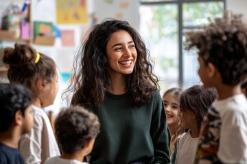 Obraz premium Portrait of smiling teacher in a class at school. 