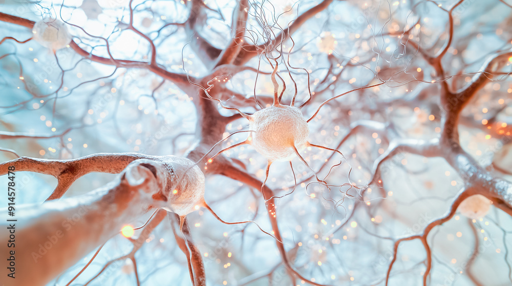 Poster closeup view of neurons and synapses in the brain, exploring complex biological interactions