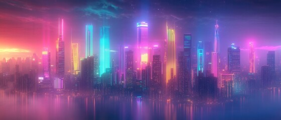 Fototapeta premium Electric cityscape with rainbow-colored lights and retro 80s elements celebrating LGBTQ culture in a vibrant synthwave setting