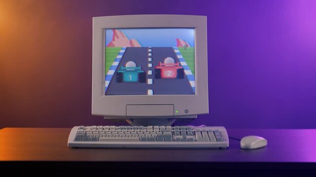 A dramatic 1990s computer with 8-bit video game on the CRT monitor. Video game is property released and fictional.  	