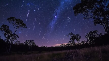 Fototapeta premium Stunning celestial display with meteors streaking across the night sky above a lush forest