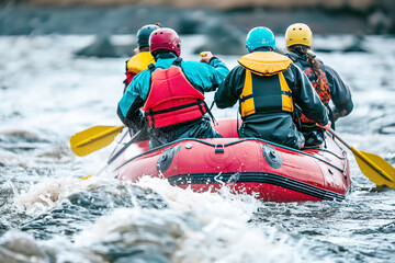 Rafting adventure on a turbulent river with four paddlers during daytime. Generative AI.
