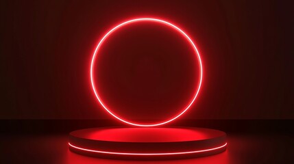 Red podium with glowing neon light ring on dark background for a product presentation mock up.	