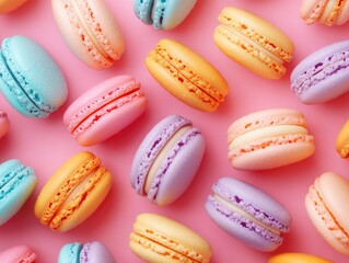 Obraz premium Delicate French pastries on a bright pink background, perfect for food styling and photography