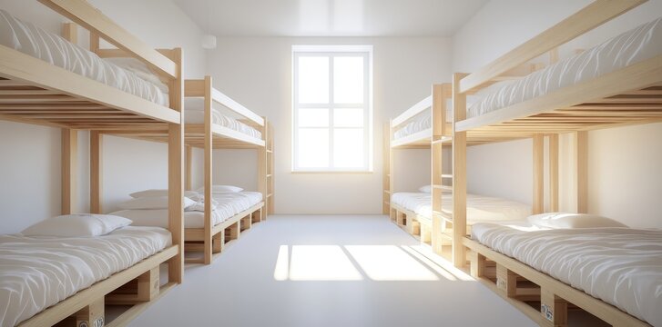 Modern dormitory with wooden beds and white walls.