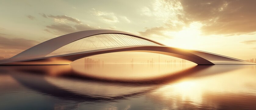 Futuristic duotone bridge with sweeping curves and bold contrasts against a twilight sky