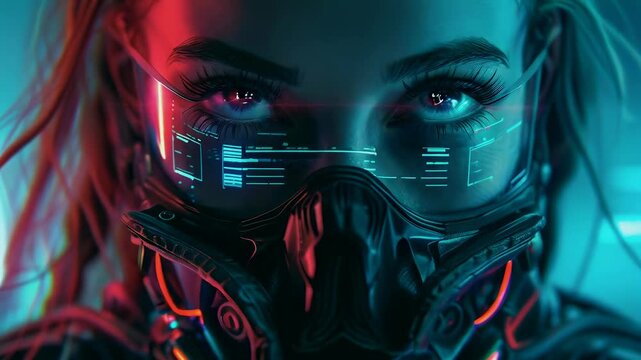 A young woman, possibly of mixed ethnicity, wears an augmented reality mask with neon lights and holographic displays. The setting is futuristic with a cyberpunk theme, likely at night, creating a