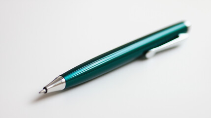 Photo of a green pen on a white background, highlighting its sleek and simple design.