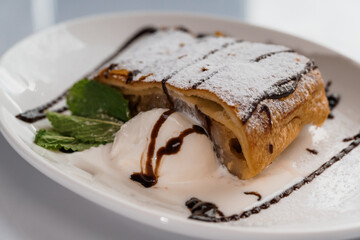Dessert strudel with chocolate and ice cream on a white plate