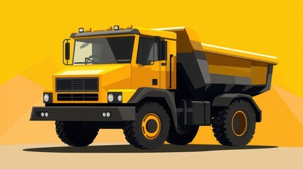 Flat design construction truck with bright yellow and black accents on a simple geometric background