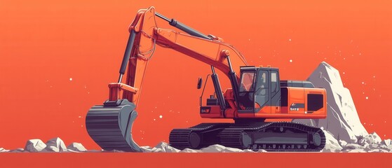 Minimalist flat design excavator with bold colors and clean lines on a contrasting background