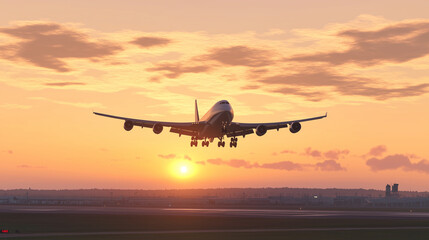An airplane landing against a beautiful sunset backdrop, capturing the essence of adventure and the majestic nature of aviation. Perfect for travel and exploration themes. Photo