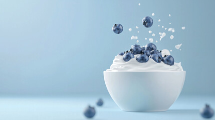 Blueberries diving into a smooth yogurt bowl with a blue backdrop, perfect for showcasing healthy eating, food promotions, and breakfast ideas. Photo