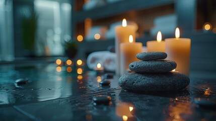 Crystal-clear capture of a soothing spa treatment with a hot stone massage and aromatic candles, emphasizing the calming and indulgent ambiance of the experience