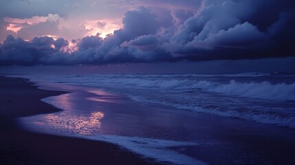 Naklejka premium Cinematic Twilight Beachscape with Dramatic Clouds and Vibrant Ocean Waves at a Remote Coastal Shoreline