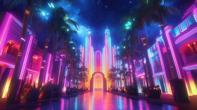 Dynamic synthwave city with LGBTQ celebrations under neon skies and retro 80s aesthetics promoting unity and pride