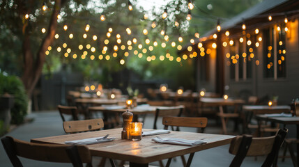 Warm and inviting outdoor dining setup beneath a canopy of twinkling string lights, perfect for highlighting intimate gatherings, restaurant ads, and holiday events. Photo