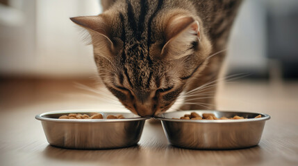 A cat savoring its meal from two bowls on the floor, showcasing the pet’s focused and content expression during feeding time. Photo