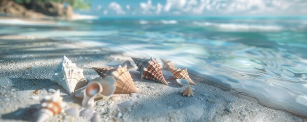 Peaceful beach with seashells, 4K hyperrealistic photo