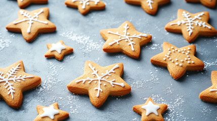 Festive Star Gingerbread Cookies with Christmas Decorations on Rustic Background.