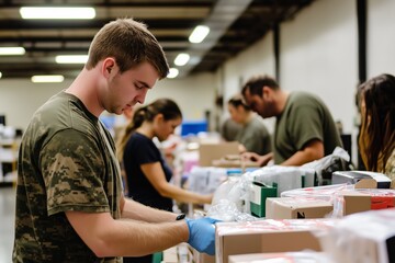 Obraz premium Volunteers Organizing Packages Inside a Warehouse During Community Service Event