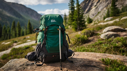 Grounded in Nature. A Lone Backpack on a Serene Mountain Lawn.