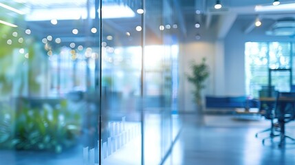 Modern office interior with abstract blue blur background