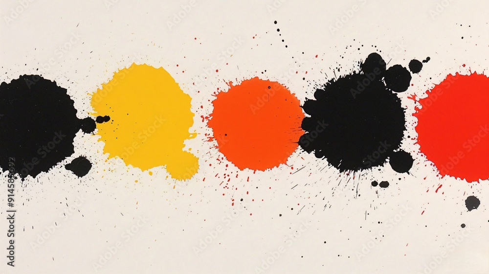 Poster this dynamic image showcases a sequence of colorful paint splatters in black, yellow, and red on a w