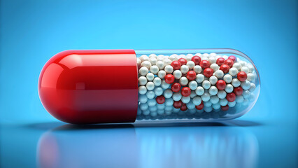 Close-up of a variety of colorful capsules scattered on a surface.