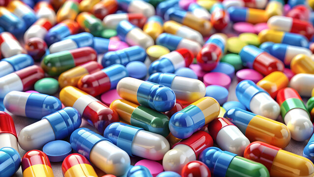 Vibrant assorted pharmaceutical pills and capsules spread on a surface.