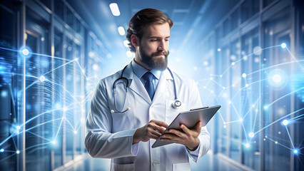 Male doctor with a beard, using a tablet in a futuristic server room with digital networks.