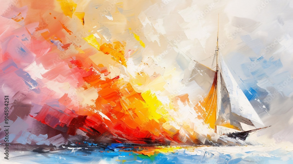 Poster this image showcases an abstract painting of a sailboat navigating through fiery, vibrant, and color