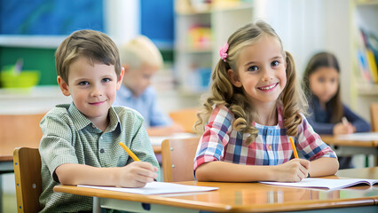 Delighted Caucasian children smiling and writing in a colorful classroom, creating a lively learning environment.