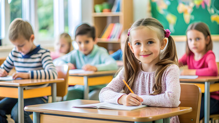 Fototapeta premium A smiling young girl with ponytails, seated in a classroom, happily engages with her work while classmates focus on theirs in the background.