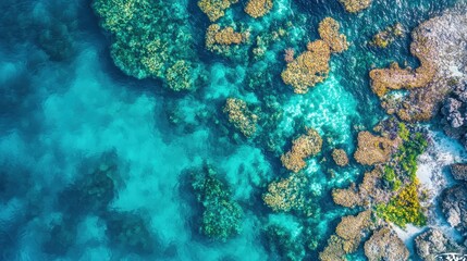Obraz premium Aerial View of a Pristine Coral Reef Beneath Crystal Clear Turquoise Waters in a Tropical Ocean