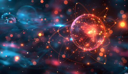 Futuristic digital illustration of a glowing planet with intricate data points, lines, and abstract elements orbiting around it. The scene is set against a dark cosmic background with vibrant colors,