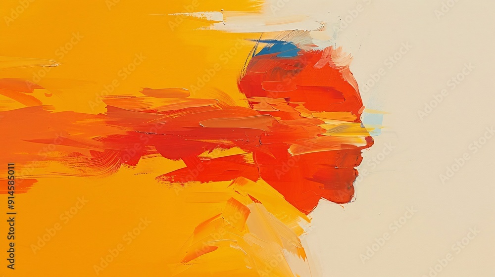 Poster this dynamic abstract portrait features a face depicted in bold orange and red brushstrokes that cap