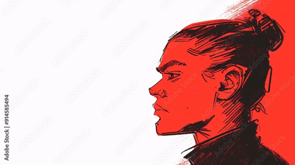 Poster this image is a stylized line drawing of a person set against a color-blocked red and white backgrou