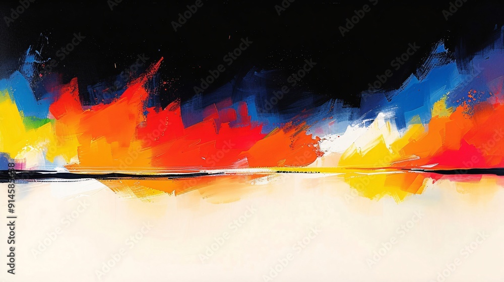 Poster this image features an abstract landscape with a striking blend of vibrant colors and light, creatin