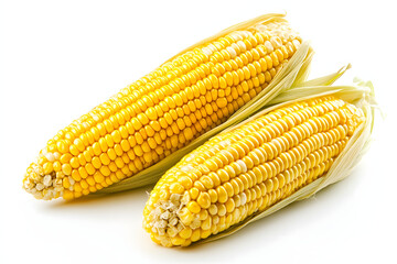 Close-up of fresh yellow corn on the cob partially wrapped in its green husk, isolated on a white background.